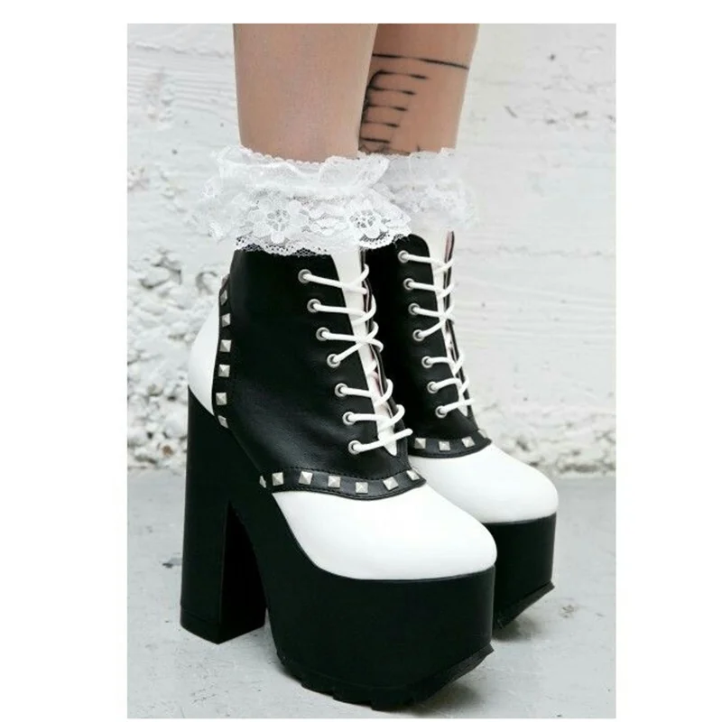 블랙 레이스업 얕은 플랫폼 펌프스 청키 힐 라운드 토 패션 쿨 섹시 2025 여름 큰 사이즈 여성 신발