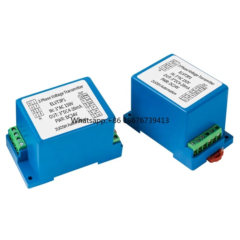35mm Din Rail 3Phase 4Wires AC Voltage Transmitter 0-50V 100V 200V 300V 500V Input 4-20ma 0-10V Output AC Voltage Transducer