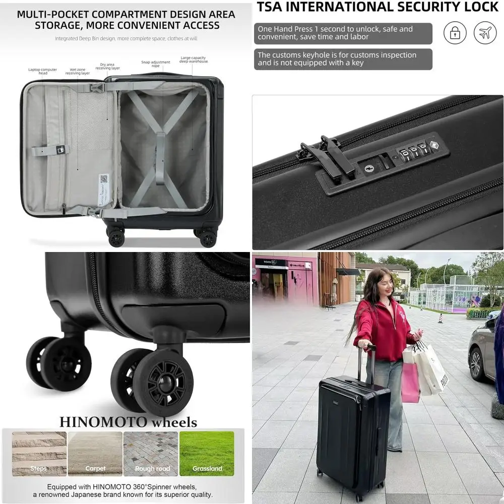 

20-дюймовый легкий чемодан с алюминиевой рамой: корпус из АБС-пластика + ПК, бесшумные колеса, замок TSA, передний карман и набор для влажной и сушки
