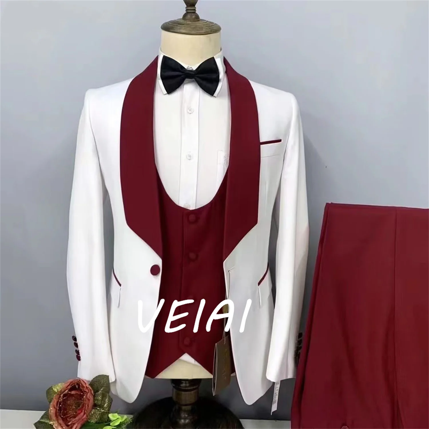 

CustomizedMen Suit White Blazer Wedding Tuxedo Shawl Lapel Jacket Pants Vest Three Piece Formal Business Single Breasted Slim Fi