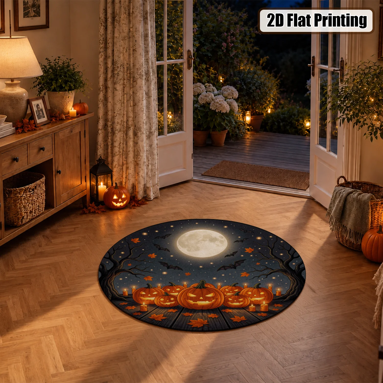 Halloween Full Moon Pumpkin Bat Maple Pattern Round Velvet Rug, Soft Machine Washable Rug for Living Room Bedroom Dining Room Entryway, Ideal for Halloween Thanksgiving Christmas New Year, Great for Black Friday Cyber Monday Home Decor