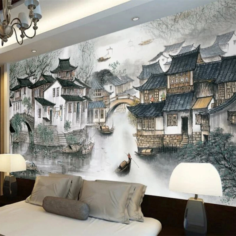Customized Photo Wallpaper 3D Jiangnan Water Village Chinese Art Mural Hotel Study Living room TV background bedroom restaurant