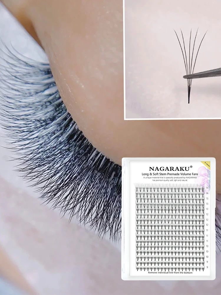 NAGARAKU Sharp Narrow Stem Premade Fans Eyelash Extension 5D 6D 10D Thin Pointy Base Russian Fans Ready Russian Volume