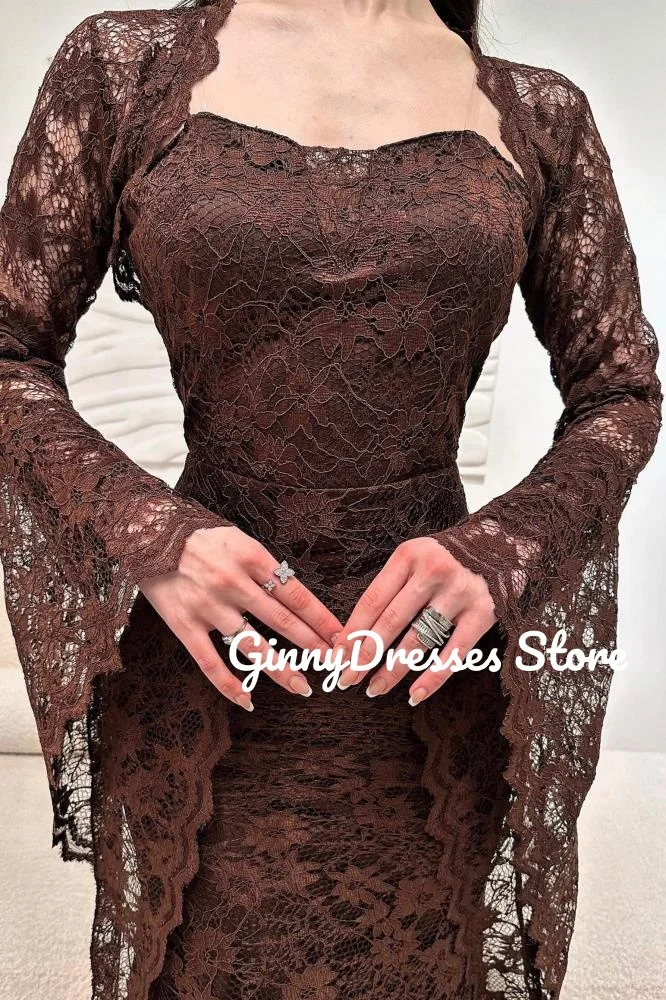 

Evening Dresses Customize Square Neck Sheath Luxury Party Dress Floor-Length Lace Sleeves Birthday Dresses For Woman