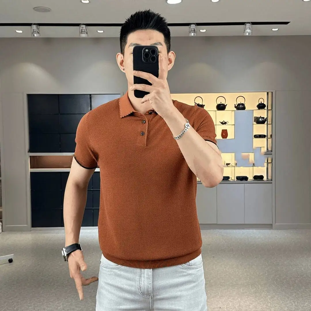 2026 Men's Summer Polo Shirt Korean Style Slim Lapel Collar Solid Color Polo Shirts Casual Thin Sleeve Trendy Knit Tops D01