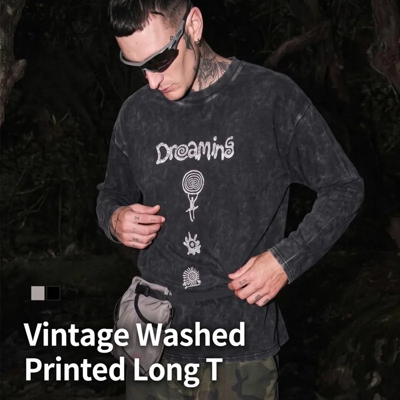 Men's Vintage Acid Wash Long Sleeve T-Shirt - Retro Graphic Print Oversized Tee with Streetwear Vibe for Autumn Fashion