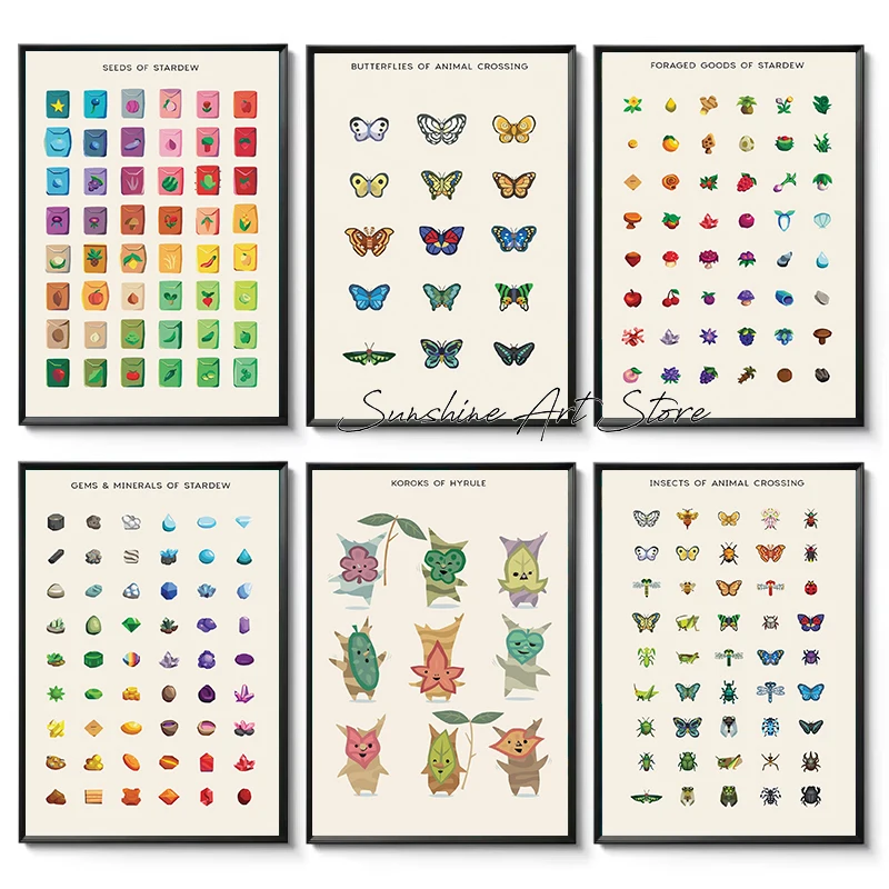 Stardew Valley Seed Mineral Foraged Game Inspired Butterflies Korok Illustration Poster Canvas Painting Wall Picture Gamer Decor