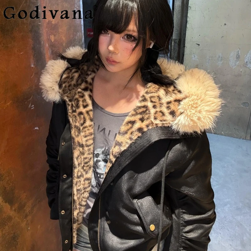 

Hooded Cotton Jacket for Women Subculture Leopard Print Fur Collar Coat Female Winter New Bomber Thickened Warm Jacket