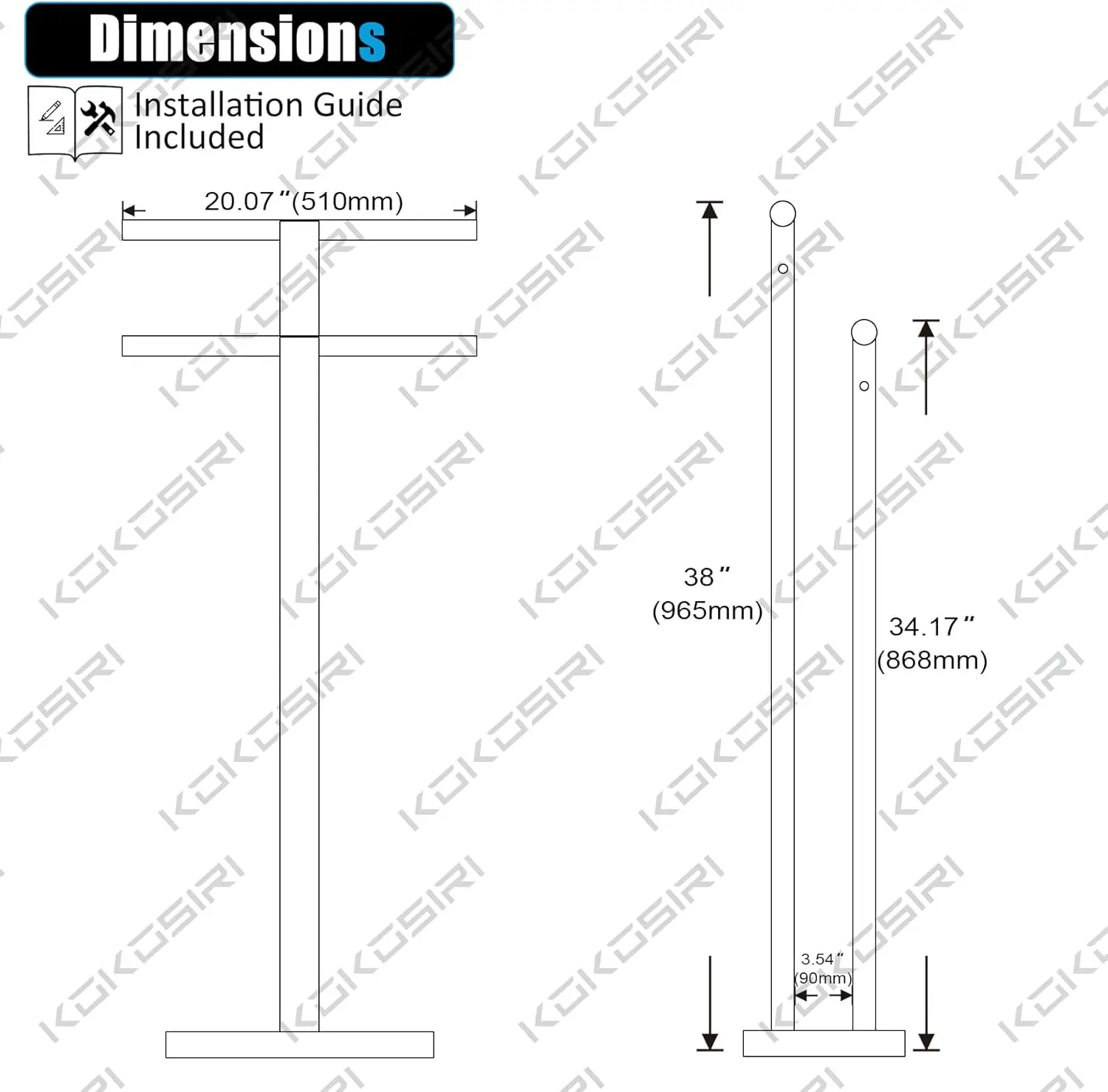 osiri Free Standing Towel Racks Matte Black 2-Tier Towel Holder For Bathroom Floor Stand With Heavy Marble Base Thicken