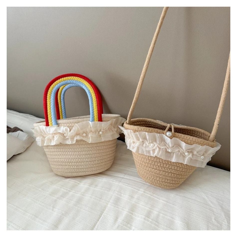 Kids Summer Straw Hat and Bag Set Cute Handle Woven Bag with Lace Trim Sun Hat for Toddler Girls Beach Weaving Hat Handbags BT14