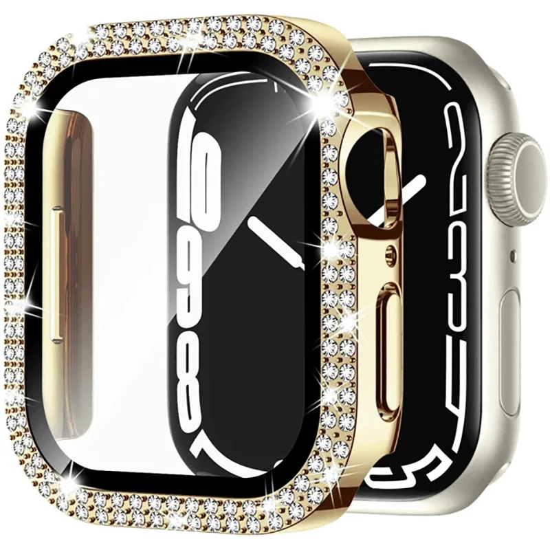 Glas+Diamant-Schutzhülle für Apple Watch Gehäuse 46mm 40mm 44mm 41mm 42mm 45mm Bling Bumper Protector iWatch Series 11 10 9 SE 7 8 Hülle