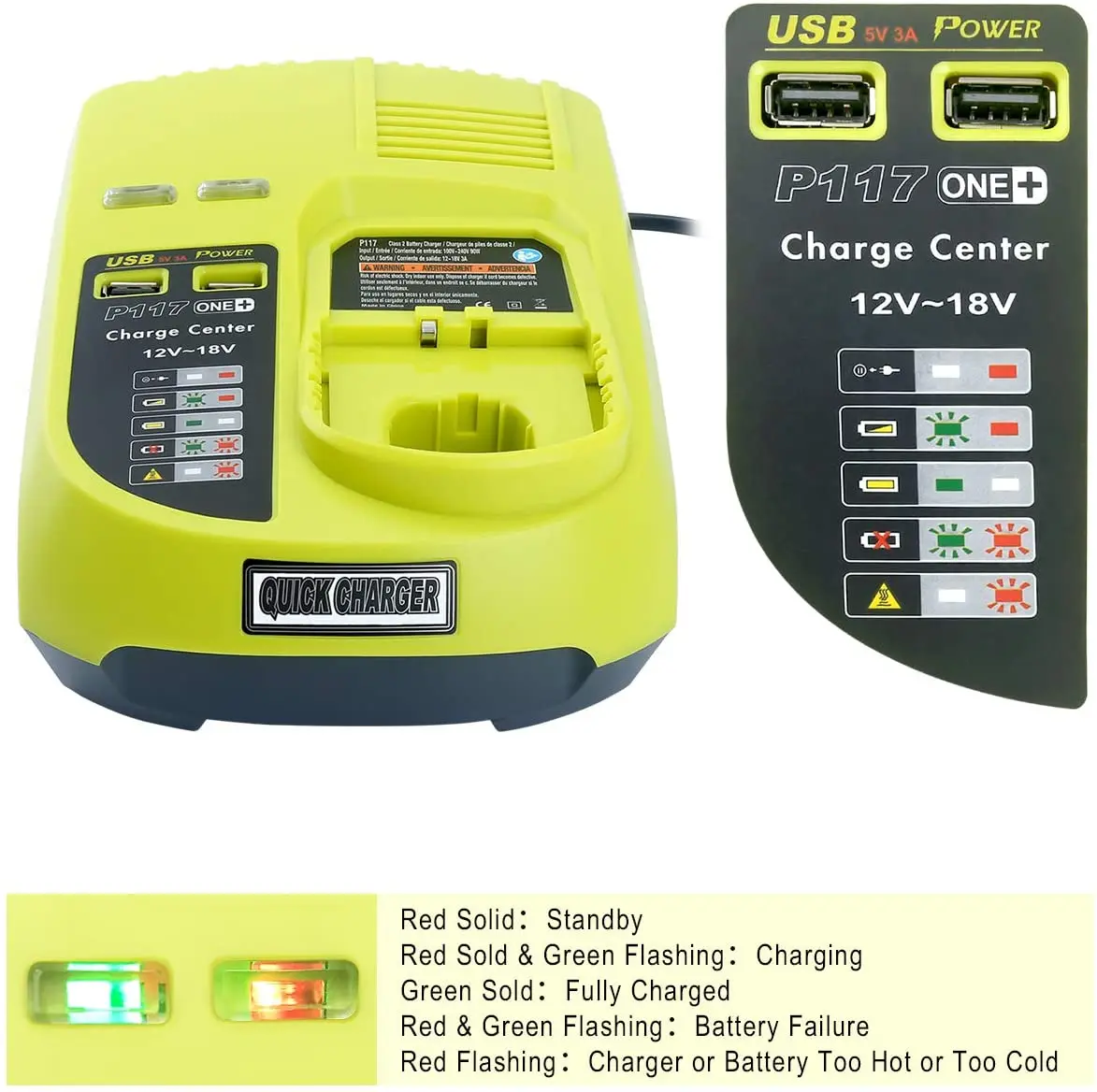 New P117 Battery Charger for Ryobi 18V Battery Universal Rechargeable Battery Charger With Dual USB for Ryobi P100 P101 P102