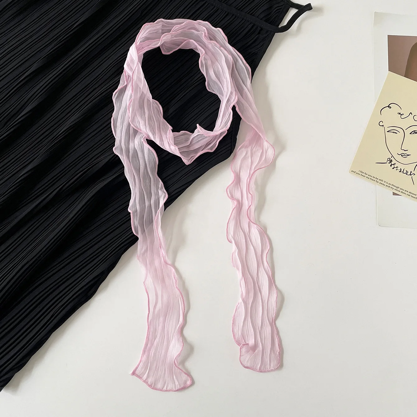 Crinkled Chiffon Skinny Scarf Lightweight Sheer Texture Neckerchief Multi-use Hair Scarf Bag Handle Wrap for Daily Office Gift image 6