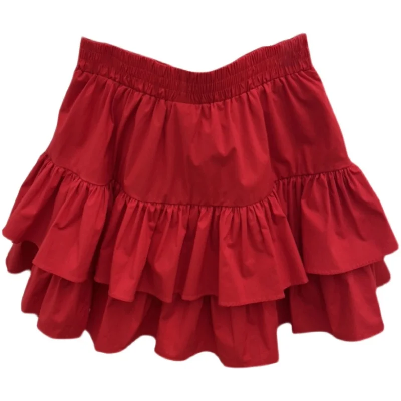 KUSAHIKI Korea's 2024 Summer New Fashion Sweet Red Cake Short Skirt High Waist A-line Half Skirts for Women