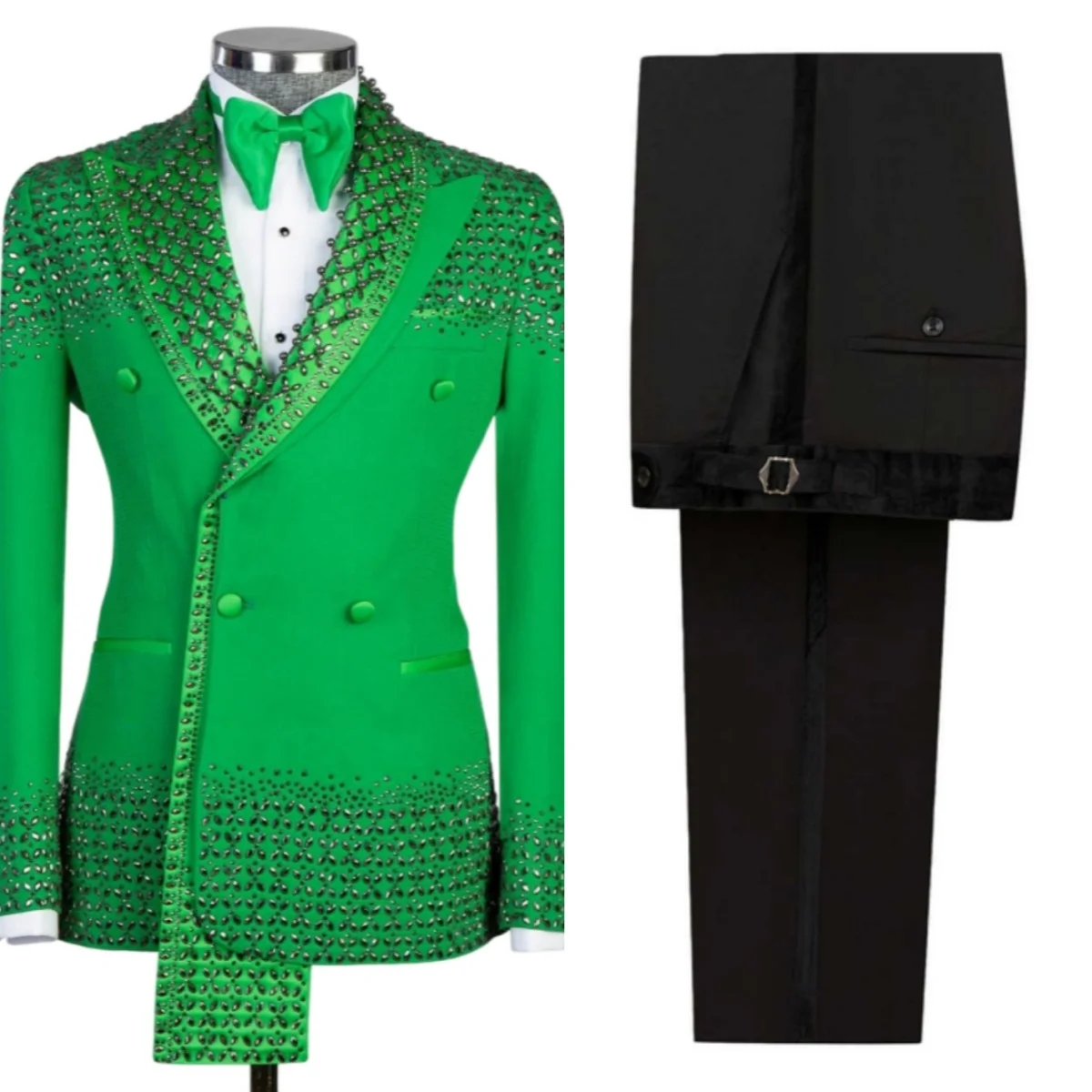 Bright Wedding Tuxedos Handmade Crystal 2 Piece Set Men Suit Luxury Peaked Lapel Double Breasted Groom Blazers Customized