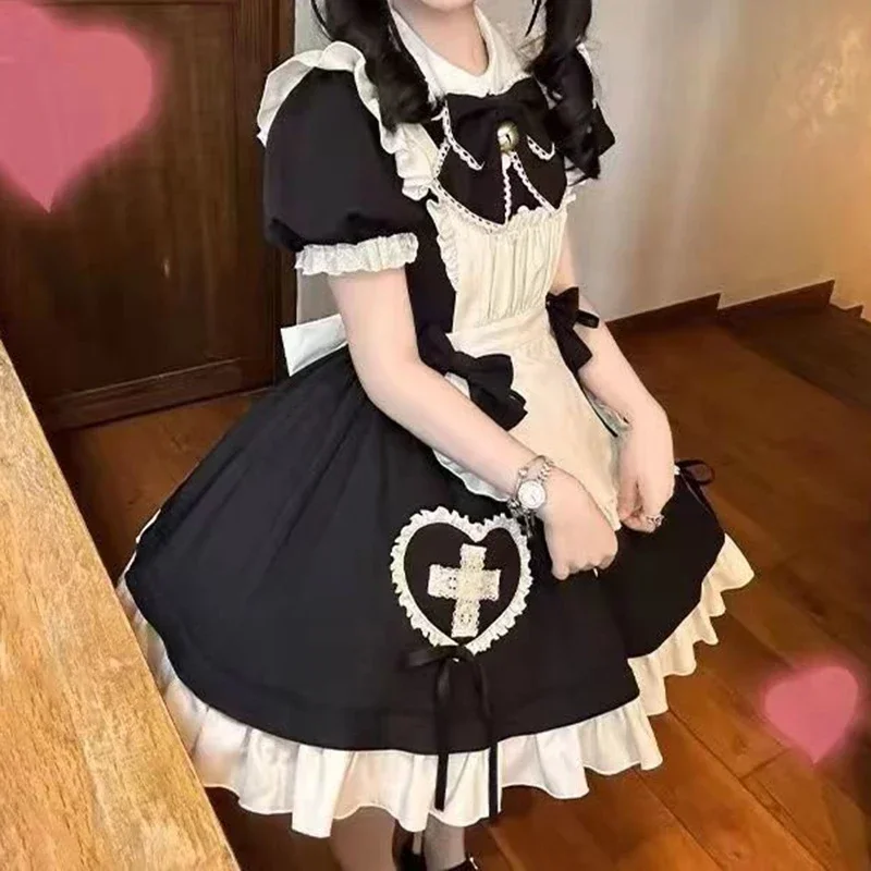 

Французское милое и милое мягкое платье в стиле Лолиты для девочек + фартук с летающими рукавами, элегантное платье горничной, длинные платья для женщин, 2025 г.