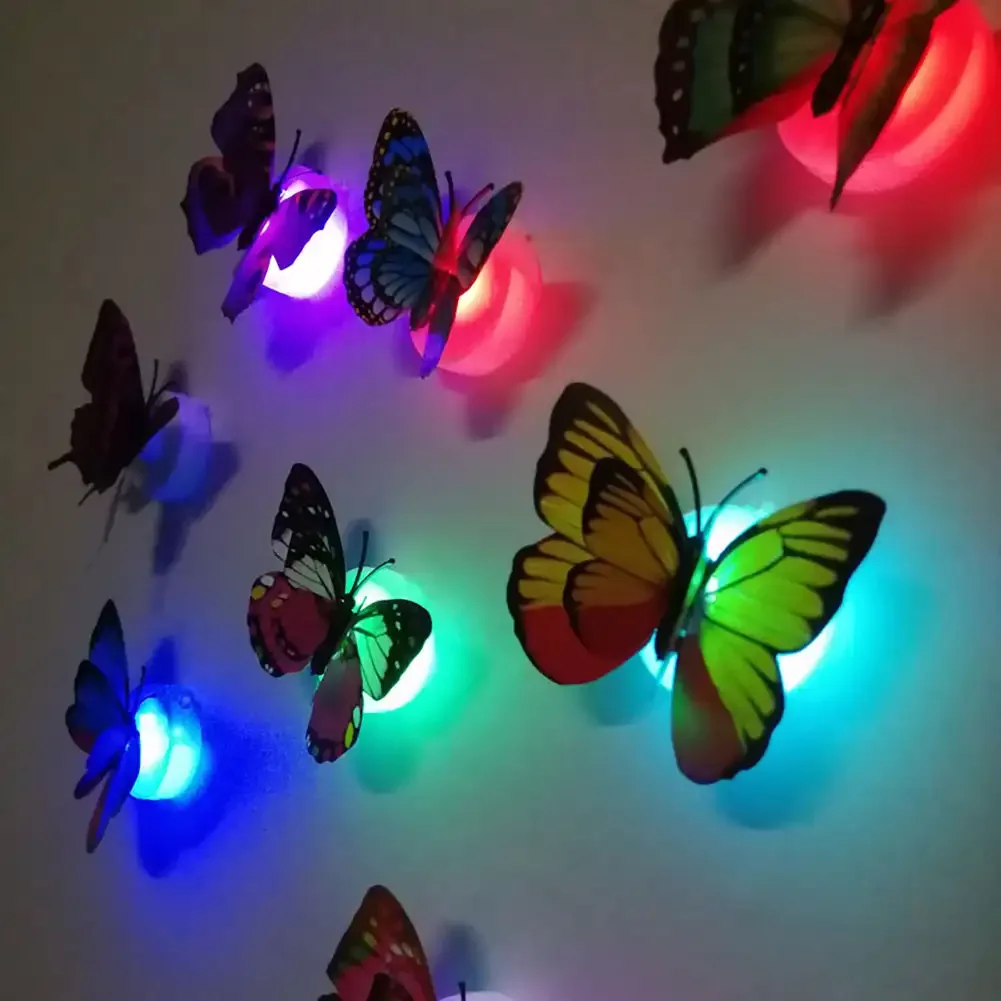 Double Layer Butterfly Night Lights Creative Colorful Luminous Butterfly Light Pasteable Led Decorative Wall Lamp