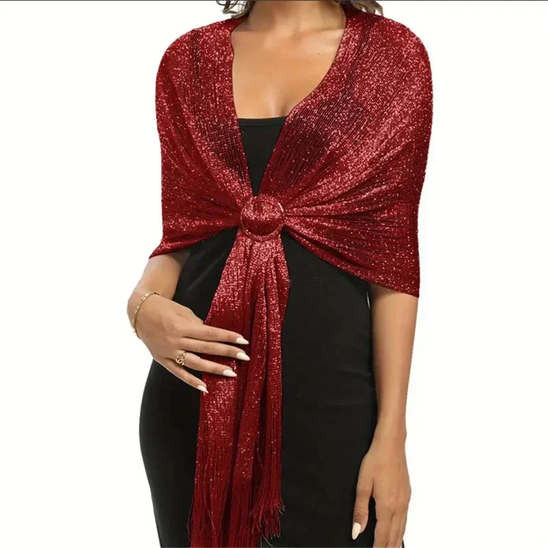 พู่สีทึบผ้าคลุมไหล่ผู้หญิงประกายโลหะ Shawls และ Wraps พร้อมหัวเข็มขัดสําหรับชุดราตรีงานแต่งงาน