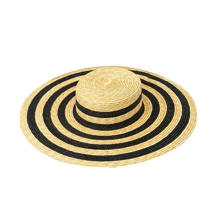spring-summer-striped-large-brim-beach-holiday-sun-protection-fashionable-coast-gift-hat-women's-flat-top-hat