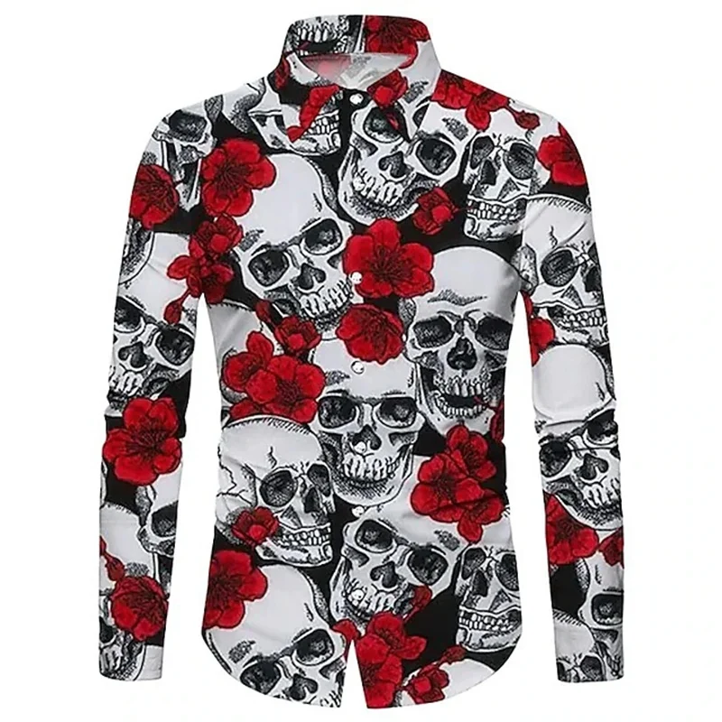 Vintage Rose Skull Graphic Shirts For Men 3D Printed Goth Skeleton Long Sleeves Shirt Men\'s Casual Hip-hop Unisex Clothing