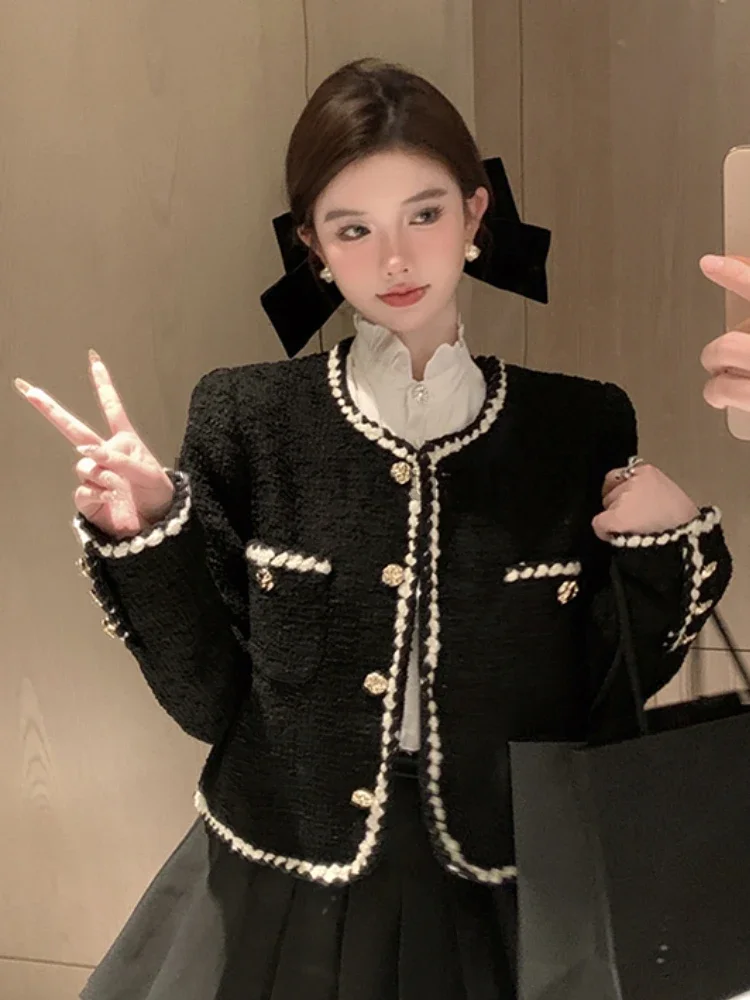 France Vintage Loose Short Jackets Women Elegant Black Cropped Coat Party Korean Fashion Blazer Single Breasted Outerwear Tops