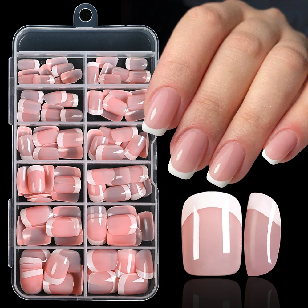 

120 шт. Короткие квадратные белые французские накладные ногти телесного цвета, розовые глянцевые белые кончики ногтей, простые однотонные женские накладные ногти