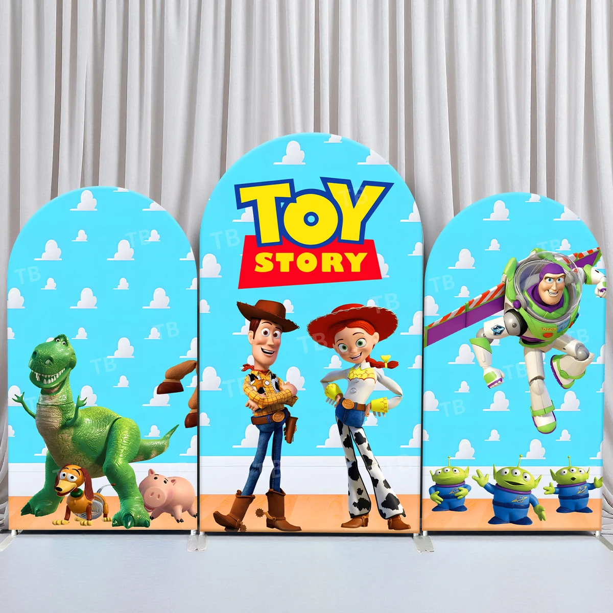 

TB Disney Toy Story Arch Backdrop Cover Blue Sky White Cloud Baby Shower Kid Birthday Photography Background Party Decor Elastic