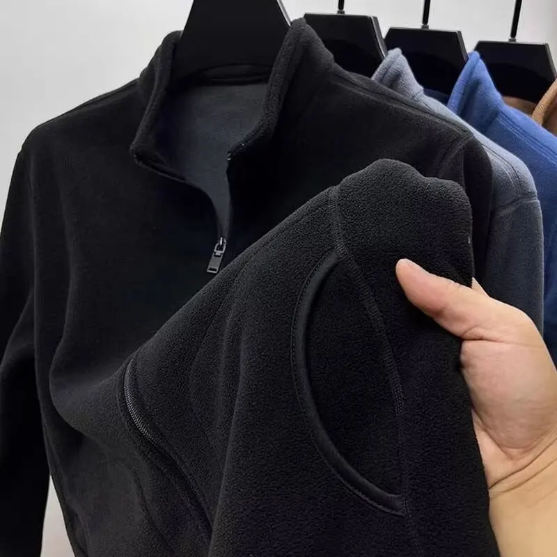 Thickened Fleece Jacket Men's Stand Collar Autumn Winter Double-Sided Fleece Lined Warmth Outdoor Clothing Waterproof Windproof
