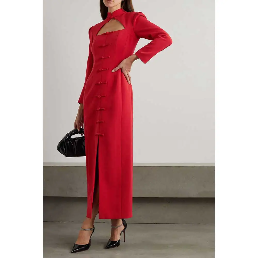 YUMDAI-elegante vestido de noche de estilo chino para mujer, ropa de fiesta Formal, actuación, ocasión especial, manga larga, crepé rojo, 2024