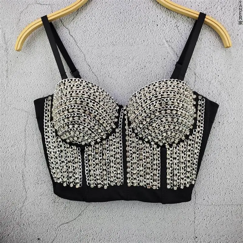 

Heavy Du Chain Strap Metal Crop Top Women's Ins ular Live Broaaster Outerwear Tube Top Tank Top Polyester Summer