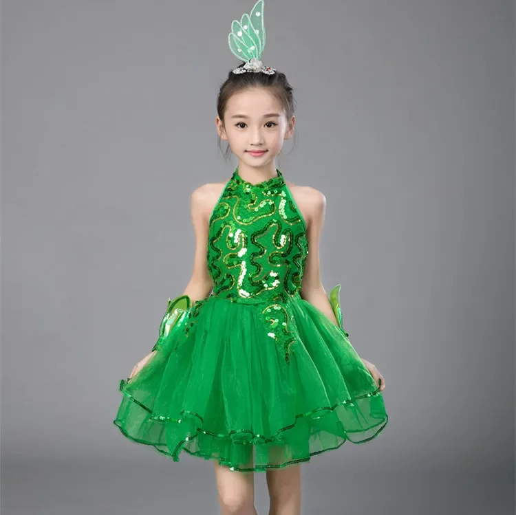 Vestido de Ballet verde para niñas, trajes de baile de Jazz para niñas, disfraz de actuación, Ropa de baile de escenario