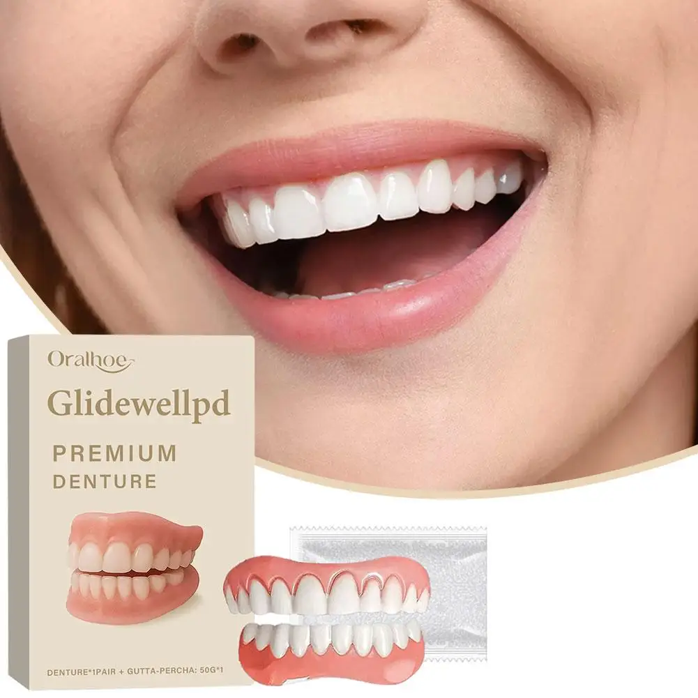 Natural Silicone Full Denture Set Upper Lower Fake Teeth Veneers Reusable Comfortable Food Grade Smile Beauty Dental Care Kit
