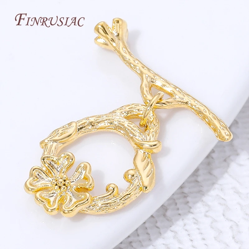 Cierre OT con diseño de rama de flor chapado en oro de 18K, cierre de palanca vintage de latón para collares y pulseras DIY, accesorios para la fabricación de joyas.