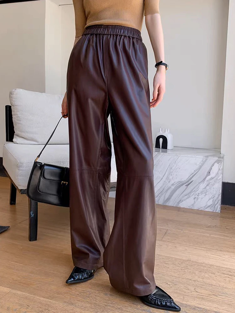Womens High Waist Leather Pants Medium Stretch Wide Leg Floor Length Trousers Loose Fit Black Baggy Pants Clothing