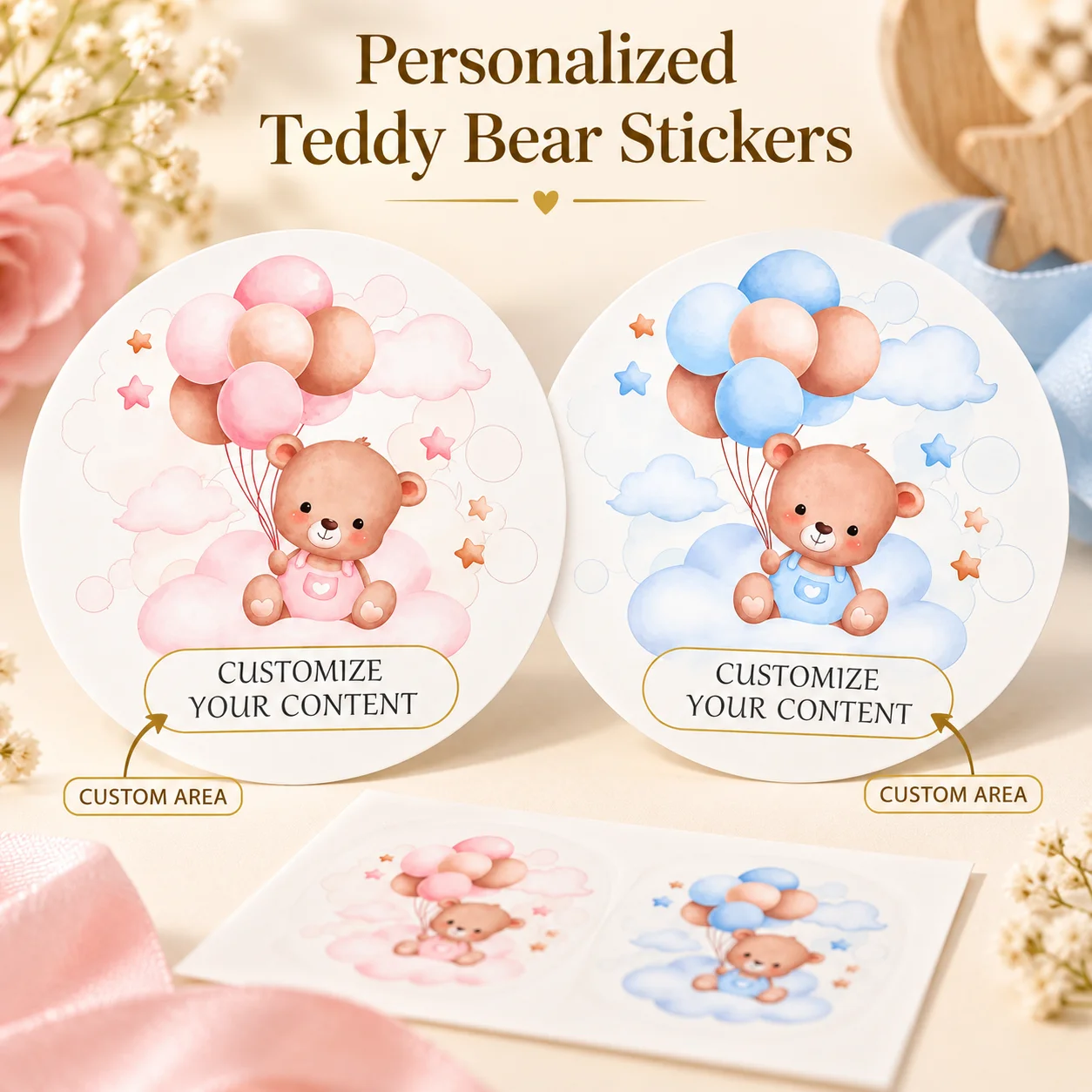 Customized Round Bear Balloon Stickers, Available in Pink and Blue with Cloud and Star Designs, Can Be Customized with Names and Messages, Suitable for Welcome Parties, Birthday Celebrations, Candy Bags, Gift Boxes, and Envelope Seals, Adding a Warm and Ceremonial Touch to Every Gesture of Kindness