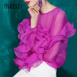 Ladies Sheer Ruffles Bat Sleeve Top Women Red White O-neck Loose Shirt Feamel shirt and Blouses Spring Summer Chic INKEO YT819