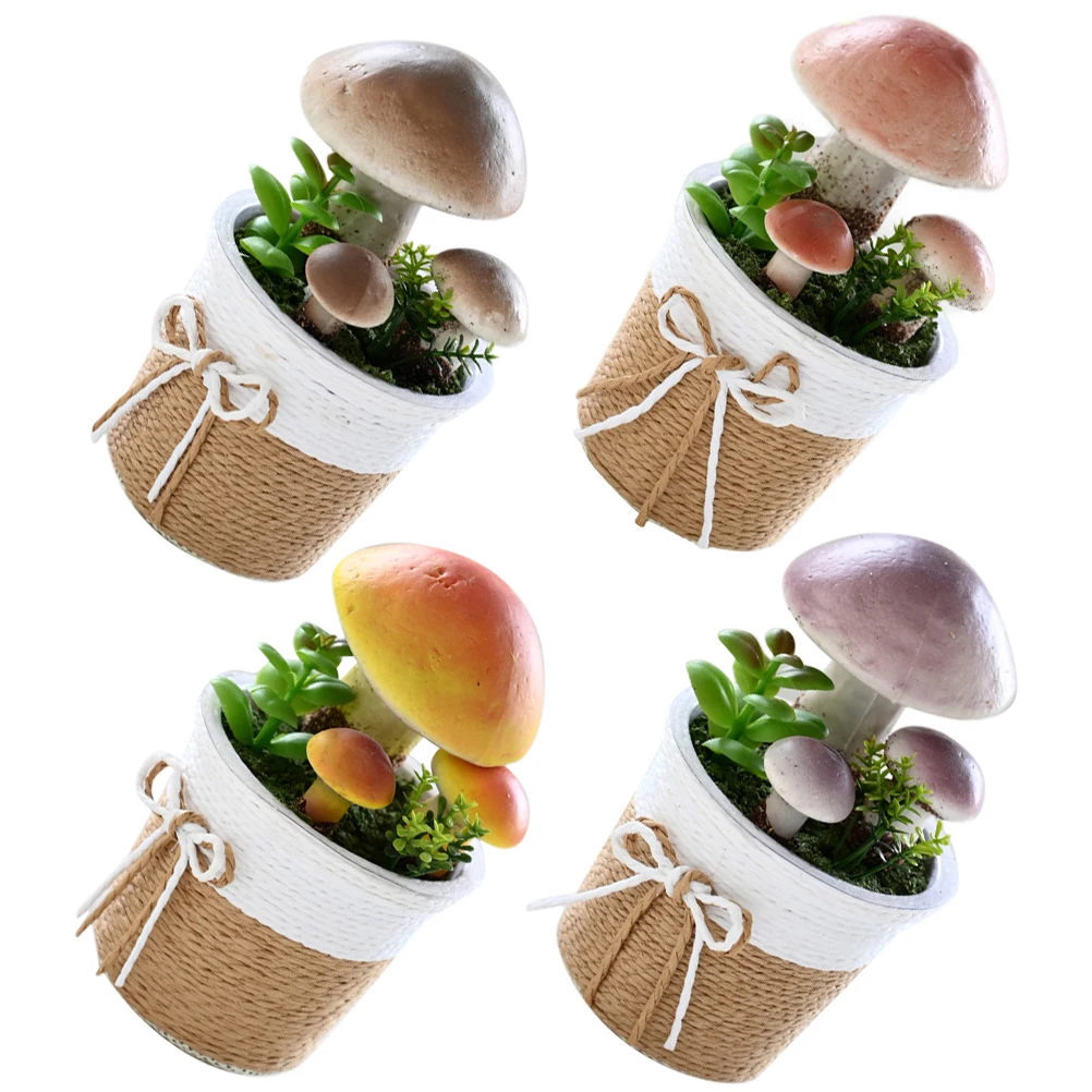 

4 Pcs Mushroom Pot Decoration Faux in Hemp Rope Small Potted Fake Bonsai Foam Artificial Plants Home