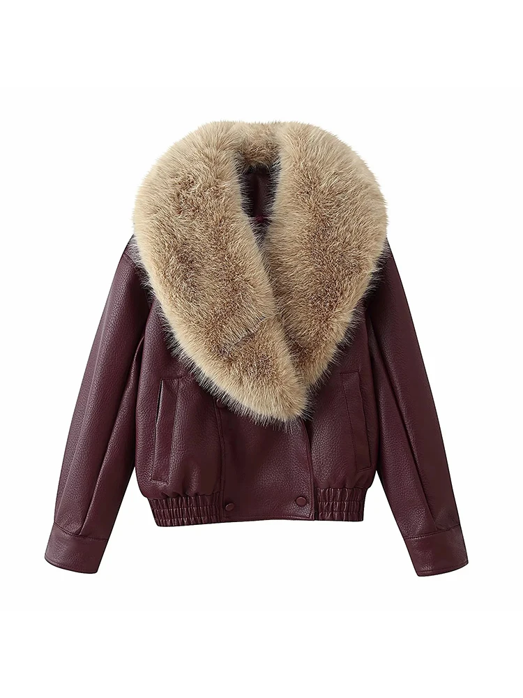 Jaquetas Femininas com Gola de Pele Sintética, Casaco Vintage de Inverno, Moda Quente, Jaquetas Bomber de Couro Sintético Soltas, Look Chic para Mulheres
