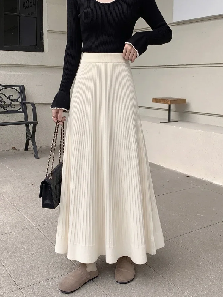 Autumn Winter Gentle Knitted Pleated Women Maxi Skirts High Waist Draped Heavy‑Weight A‑Line Flowy Swing Versatile Half Skirt