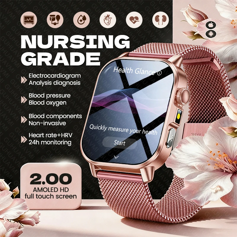 

New Women Nursing Grade Smart Watch ECG+HRV BP Non invasive Blood Oxygen Uric Acid Temp Health Glance BT Call AMOLED Smartwatch