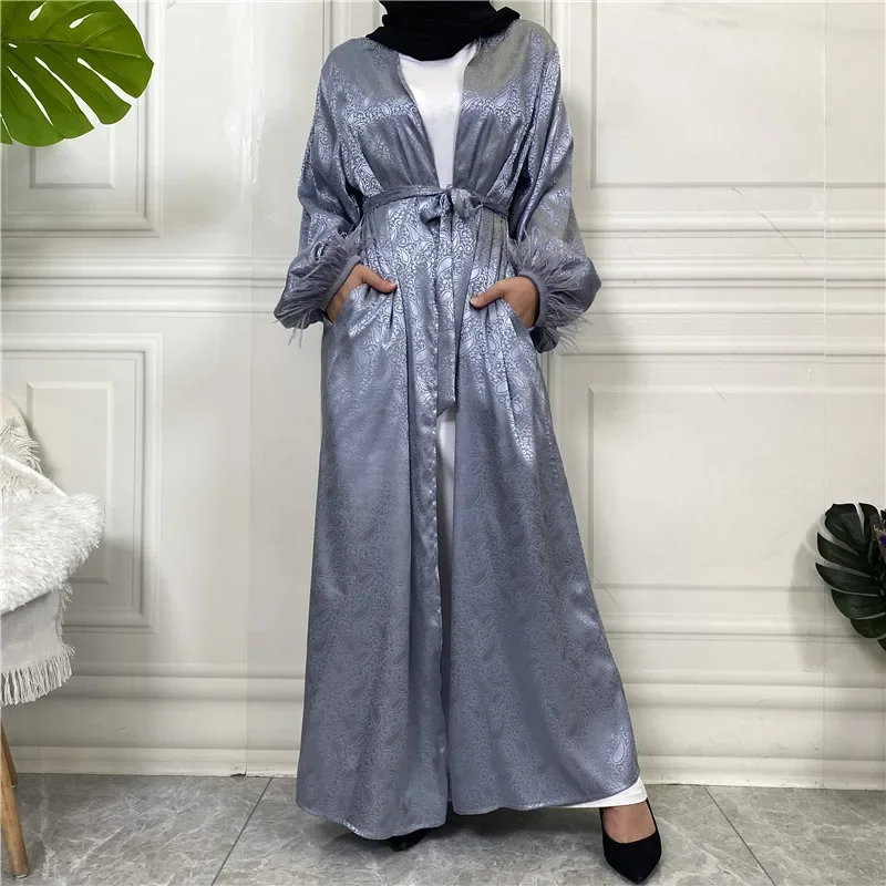 Satin musulman Abaya femmes Robe imprimer plume maroc fête longue Robe Islam turquie dubaï Eid Ramadan Robe Kimono Cardigan Kebaya