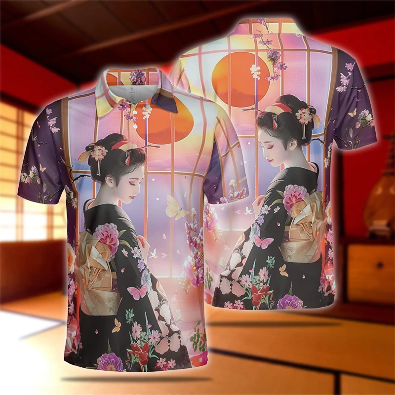 Japanese Geisha 3D Printed Polo Shirts For Men Clothes Harajuku Fashion Cherry Blossoms Kabuki POLO Shirt Geiko Short Sleeve Top