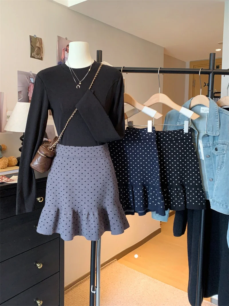 

Retro Polka Dot Knitted f Skirt Women's High Waist A-Line ort Skirt Slimming Winter New Arrival Casual Sle