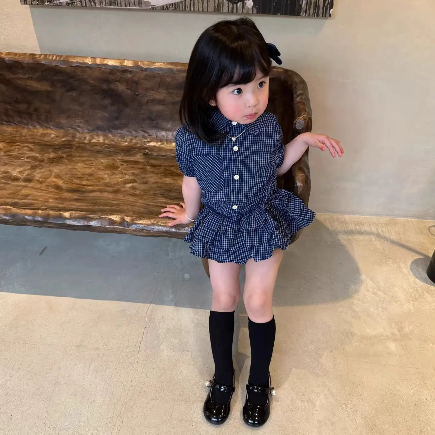 Kids Girls Navy Plaid 2-Piece Set Short Sleeve Button-Up Shirt with Tiered Ruffle Hem +Bloomers Casual Summer Outfit for Toddler - view 4