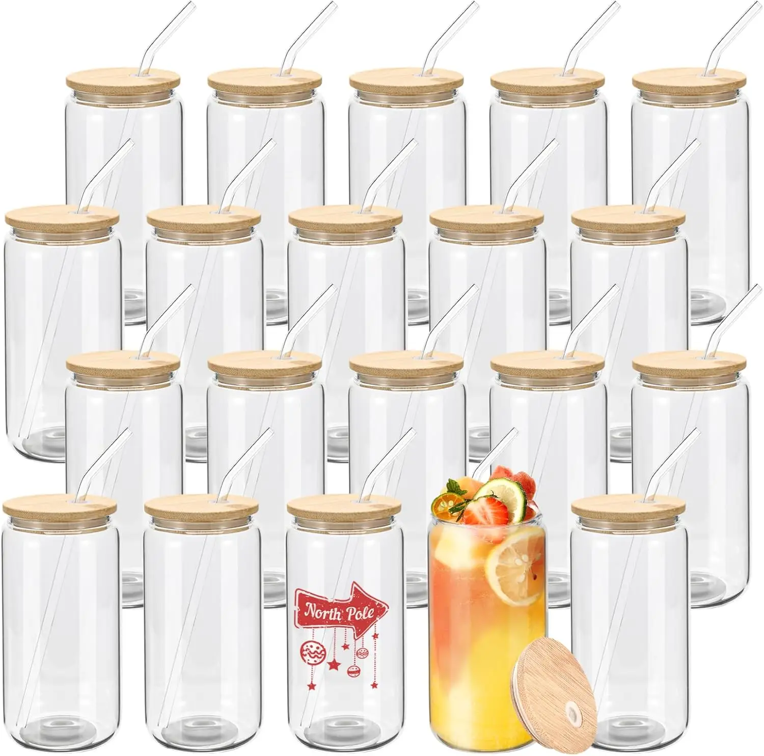 

20 Pack 16oz Glass Cups with Bamboo Lids and Straws, Beer Can Shaped for Iced Coffee, Whiskey, Cocktail, Gift