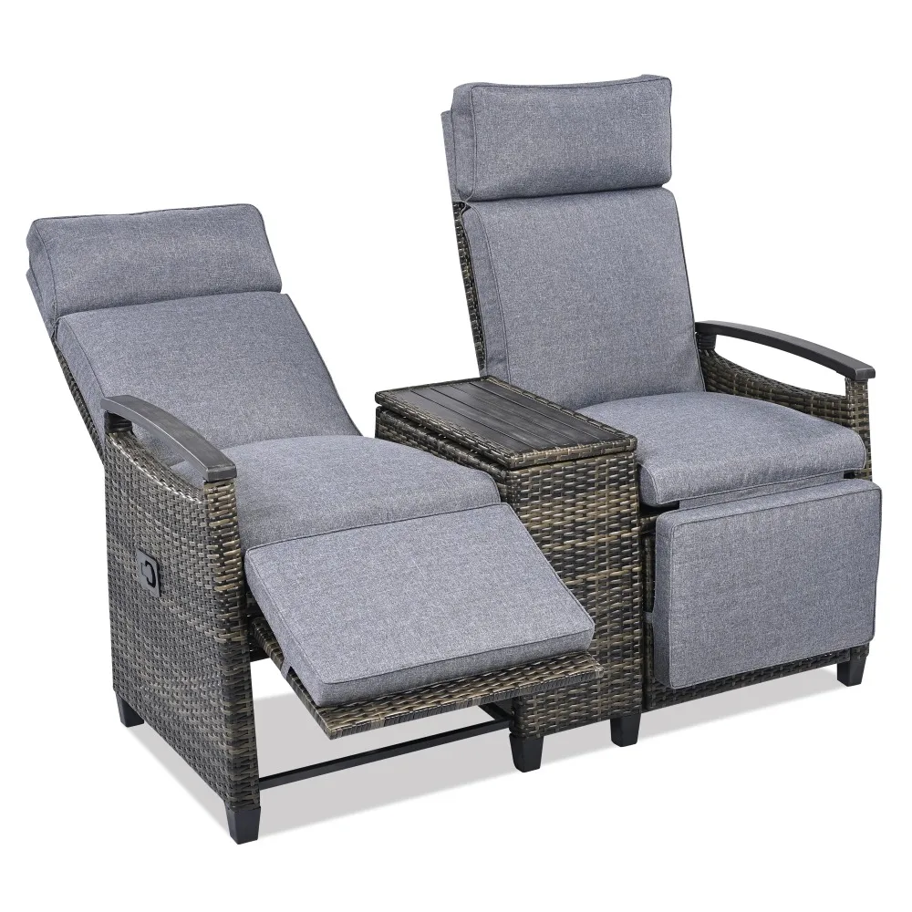 

Patio Recliner Loveseat Chair, Adjustable Backrest Wicker Outdoor Lounge Chair Set with Acacia Wood Armrests