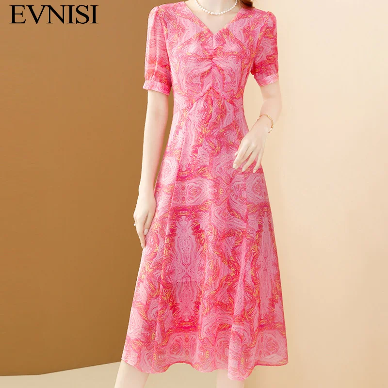 EVNISI Women Elegant Red Chiffon Dress Chic Floral Printing V-Neck Office A-line Dresses Party Summer Women Fairy Vestido 2024