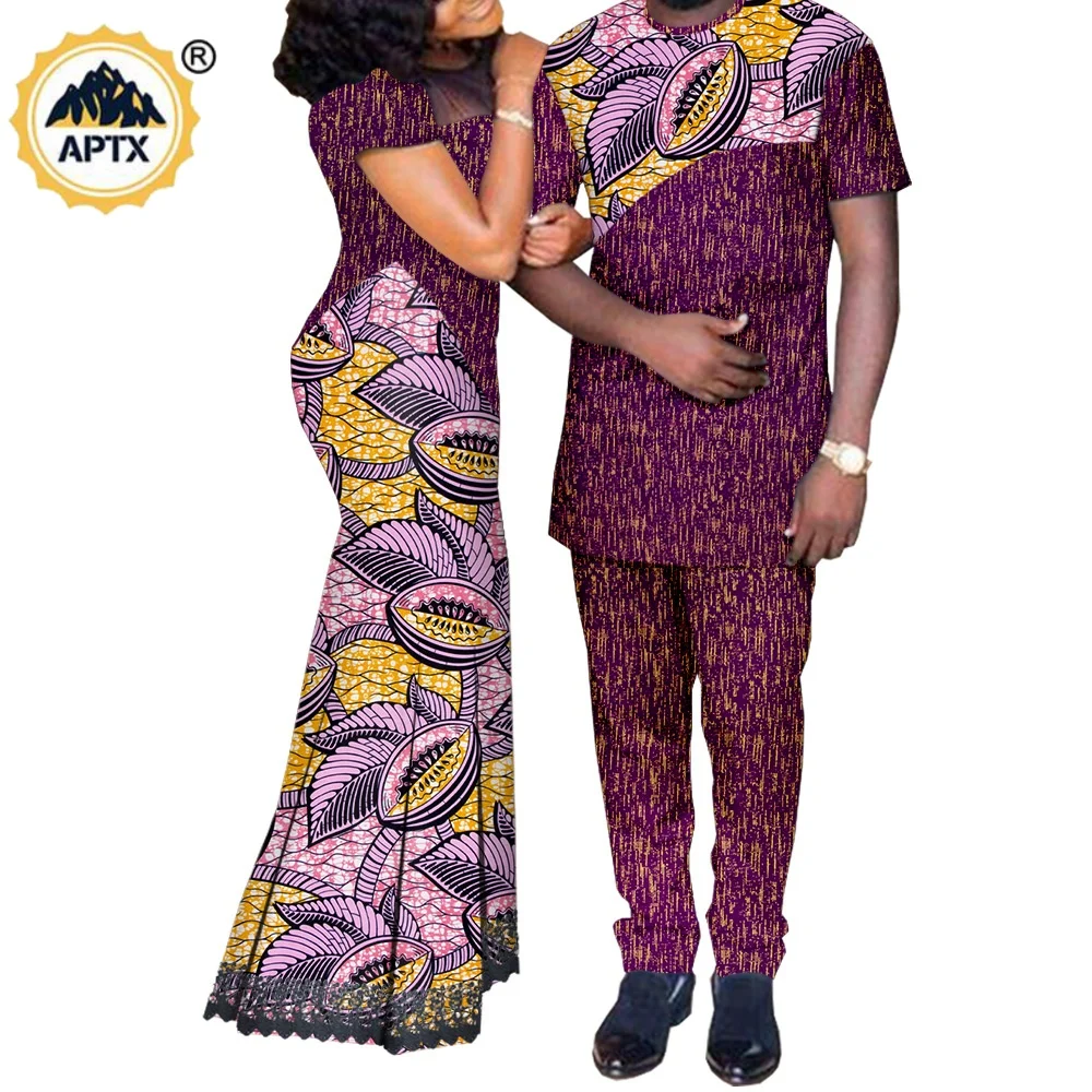 African Clothes for Couples Matching Outfits Dashiki Metallic Women Print Lace Dresses Bazin Riche Men Top and Pant Sets A20C003