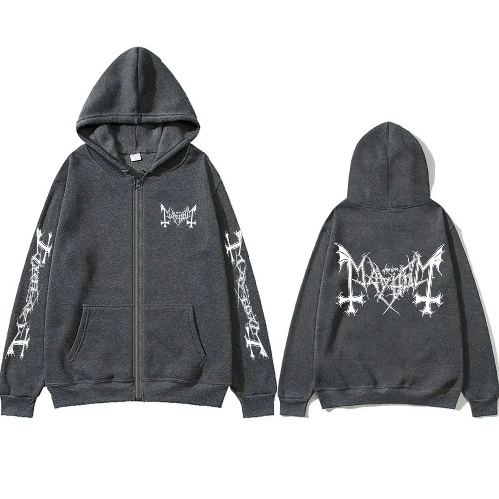 Mayhem logotipo gráfico zíper hoodie homem rock morte preto metal gótico banda zip up jaqueta masculino feminino velo oversized zip up hoodies