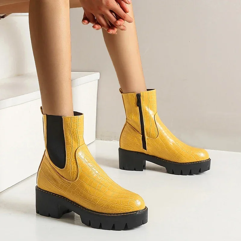 British Platform Chelsea Boots Women High Thick Heels Winter Silver Yellow Crocodile Print Party Office Ladies Zipper Ankle Boot